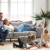 Family sitting in living room with kids playing on the floor